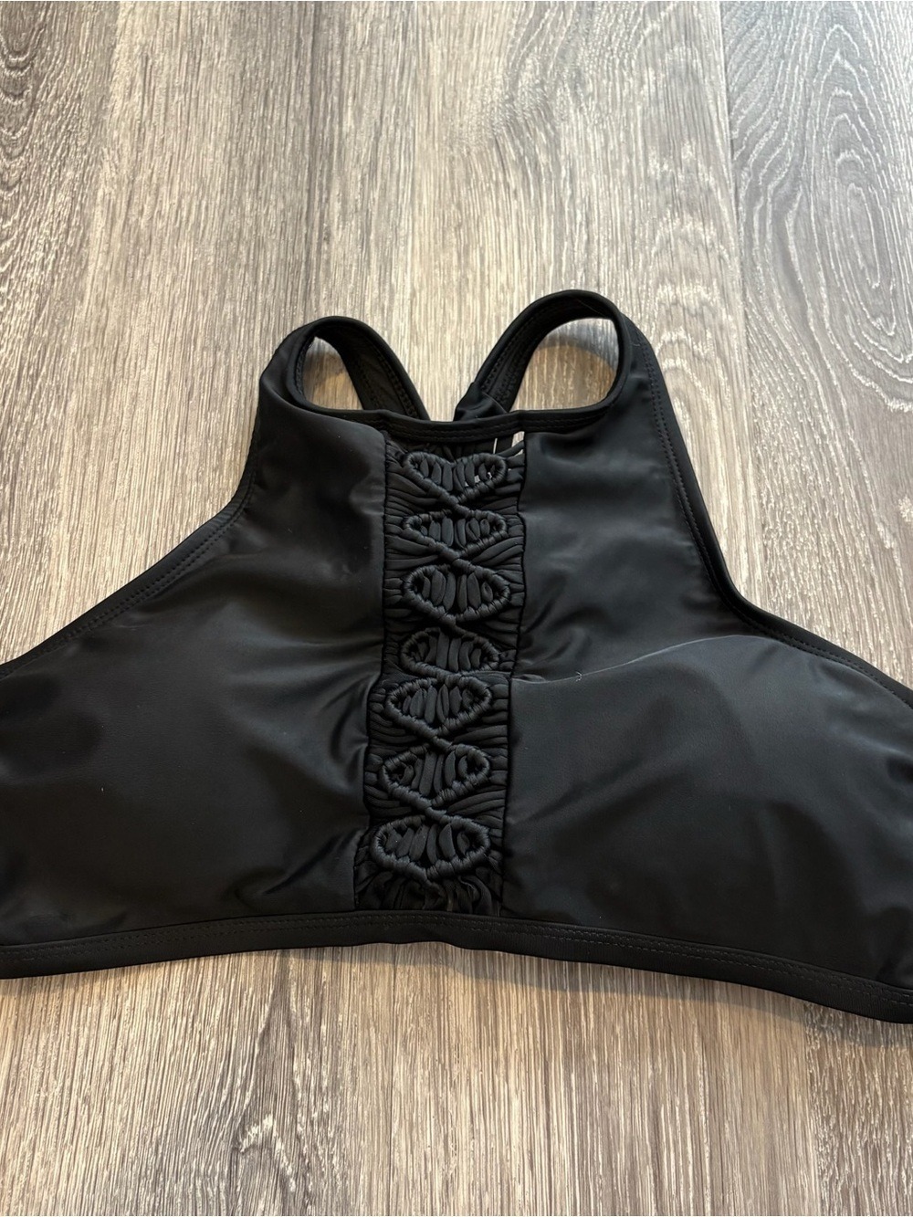 California Sunshine Black High-Neck Swim Bikini Top with Center Crochet Detail